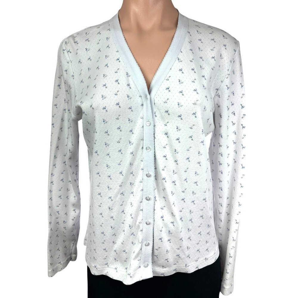 Liz Claiborne Liz Wear Cardigan Sweater Size L White w Blue Floral Long Sleeve